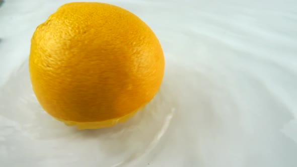 Rotating ripe grapefruit in water on a white background. Slow motion.