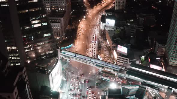 Aerial View of Asoke Intersection and Sky Train Station in Bangkok Thailand
