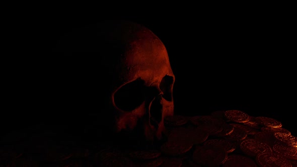 Skull On Gold Coins In Candle Light