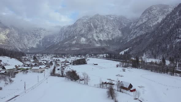 Aerial view of mountains and the Hallstatt village