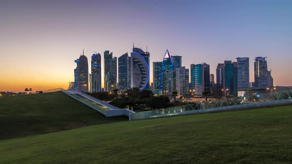 The Highrise District of Doha Day To Night Timelapse After Sunset