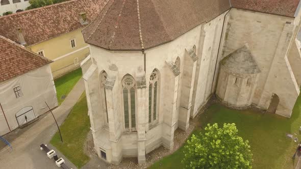 Aerial Panning shot of Back of Church , close up, in Alba Iulia of Citadel Alba-Carolina , Romania alt