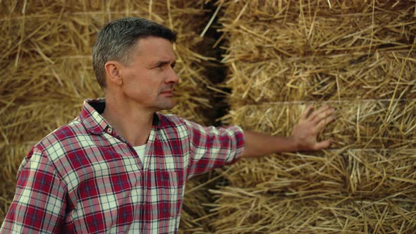 Farmer Lean Hay Stack at Farmland Closeup