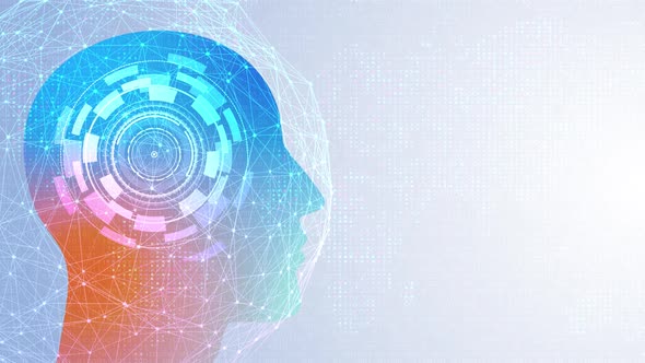 Future AI tech machine learning, face outline circuit board and binary data flow