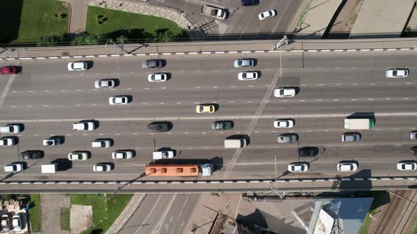 Transport Aerials  Top Down View of Freeway Busy City Rush Hour Heavy Traffic Jam Highway Bridge