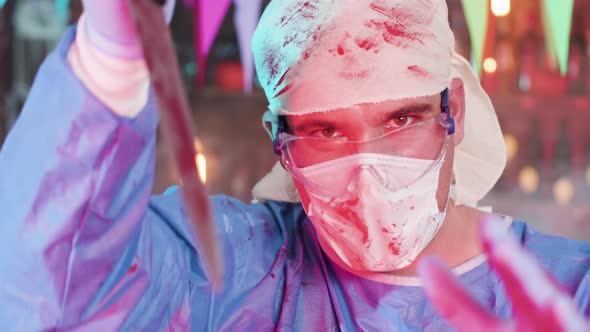 Close-up Portrait of a Man Dressed in a Mad Doctor Costume for a Halloween Party