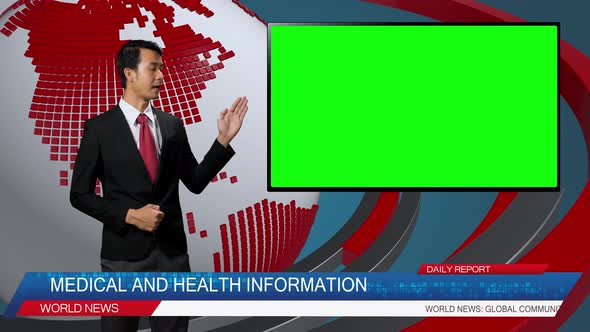 Live News Studio With Asian Male Anchor Reporting On Medical And Health, Green Chroma Key Screen