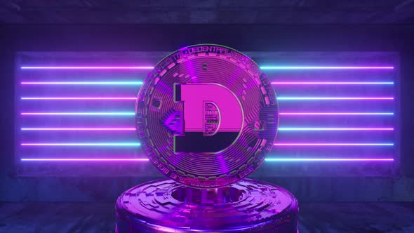 Rotating Dogecoin in a Futuristic Future Room with Neon Lighting