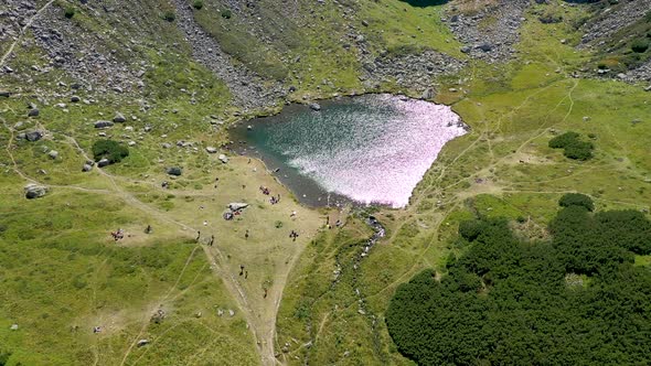 Flying Above Iezer Glacial Lake, Rodnei Mountains, Eastern Carpathians, Romania