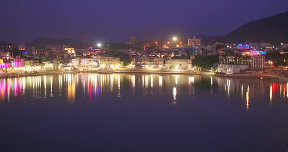 Night View of Famous Indian Hinduism Pilgrimage Town Sacred Holy Hindu Religious City Pushkar with