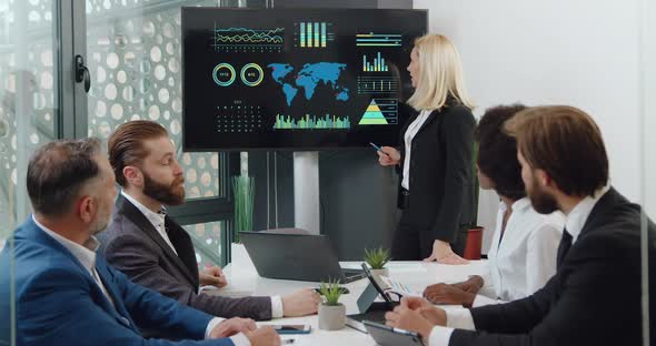 Woman Holding a Presentation Using Infographics on Digital Whiteboard in Front of Her Partners