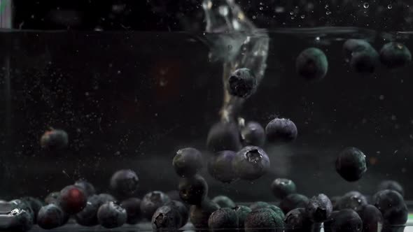 Large Blueberries Falling One by One Into a Tank Full of Water