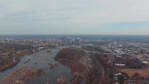 Aerial of James River and its distributaries in downtown Richmond