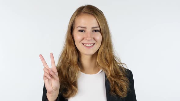 Businesswoman Showing Victory Sign , Portrait, White background