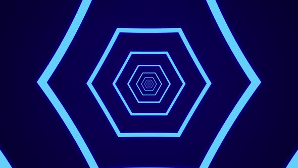 Simple light tunnel with light blue hexagonal elements on a dark blue background. Simple seamless alt