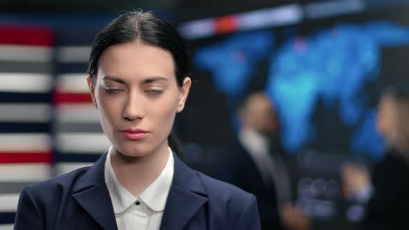 Portrait Confident Asian Business Woman in Suit White Collar Posing at Hi Tech Office Workspace