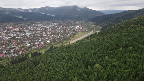 Aerial View of the Village in the Carpathian Mountains in Autumn. Ukraine