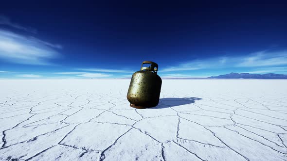 Old Rusted Danger Gas Container on Salt Lake