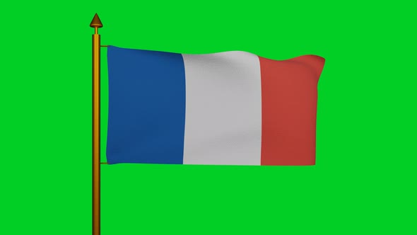 National flag of France waving with flagpole on chroma key, francais tricolour or French Tricolour