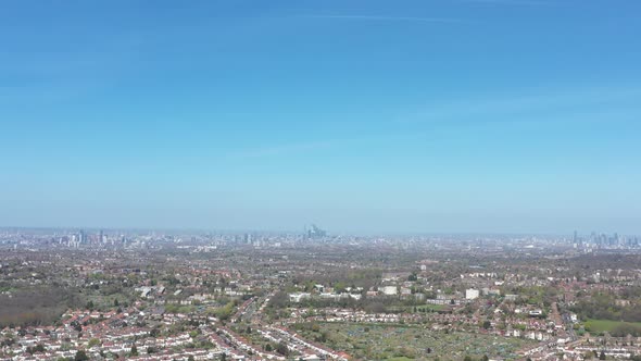 High slider drone shot of London skyline from Croydon