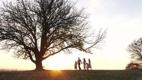 Evening view of a family walking on a hill