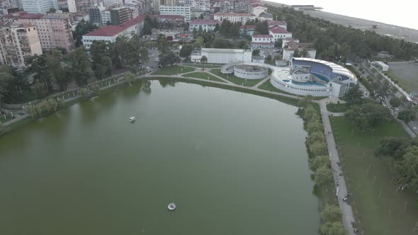 Batumi, Georgia - July 27 2020: Flying over the Batumi Dolphinarium and 6 May Park