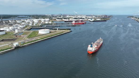 Crude Oil Tanker Ship Arriving into Port to Unload Petrochemicals at a Depot