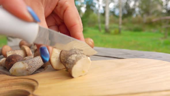 Hands Cutting a Mushrooms on a Wooden Board 