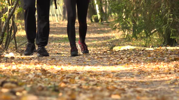 A Hiking Couple Walks Down a Path Through a Forest on a Sunny Day - Front Closeup on the Legs