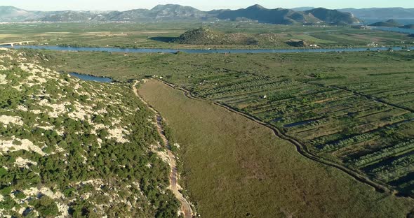 Panoramic aerial view of the Neretva delta valley river