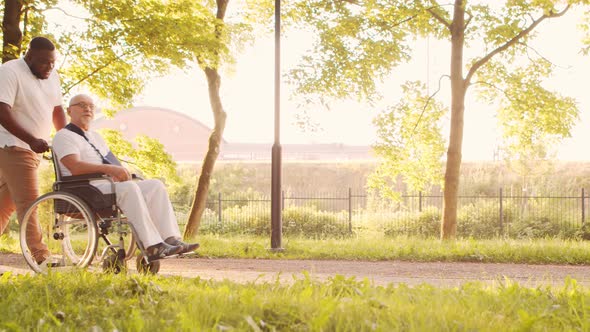 African-American caregiver and old disabled man in a wheelchair. Nurse and patient.