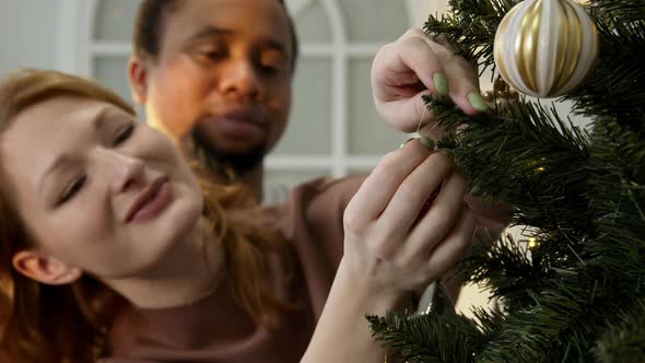 A Couple in Love Decorates a Fluffy Tree Together