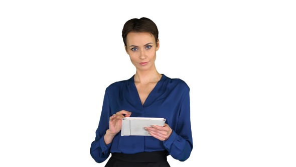 Businesswoman Isolated Swiping the Tablet Presenting Something