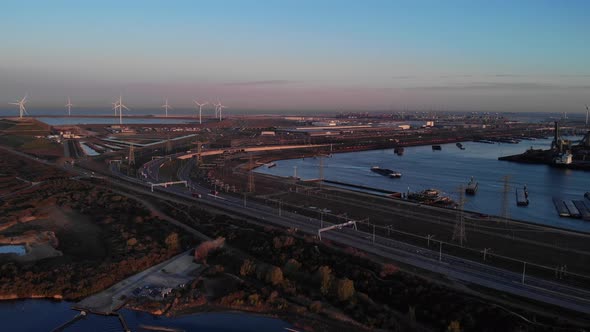 National Highway Beside The Maasvlakte Harbour In Rotterdam, Netherlands. aerial
