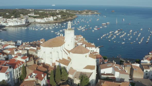 Aerial Shot of Ancient Church in Cadaques Town