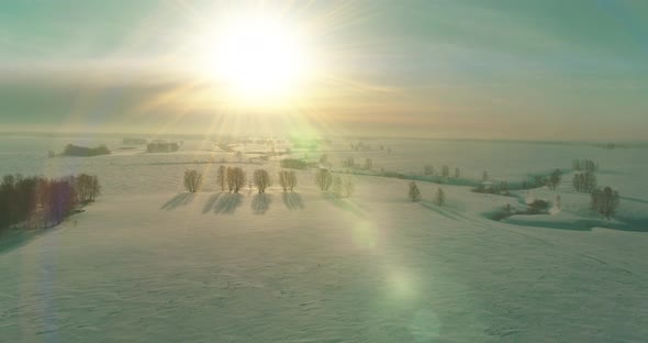 Aerial View of Cold Winter Landscape Arctic Field Trees Covered with Frost Snow Ice River and Sun