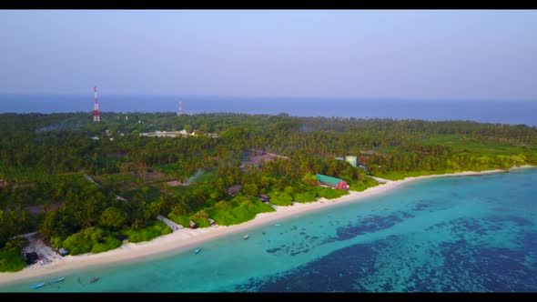 Aerial view sky of luxury shore beach journey by shallow lagoon and white sandy background of a dayo