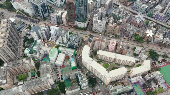 Drone fly over Hong Kong city