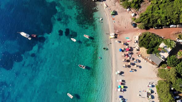 Aero. Top View. Beautiful Summer Seascape. Wild Beach of Evia Island, Greece. Sea Bay with Turquoise