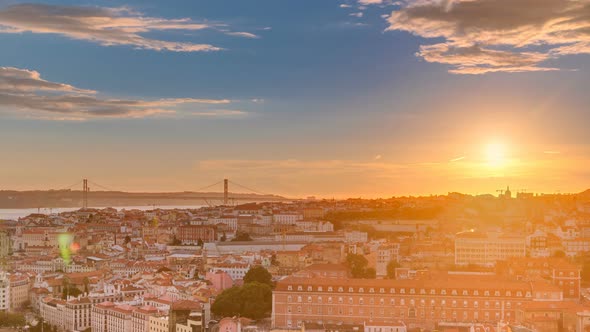 Lisbon at Sunset Aerial Panorama View of City Centre with Red Roofs at Autumn Evening Timelapse