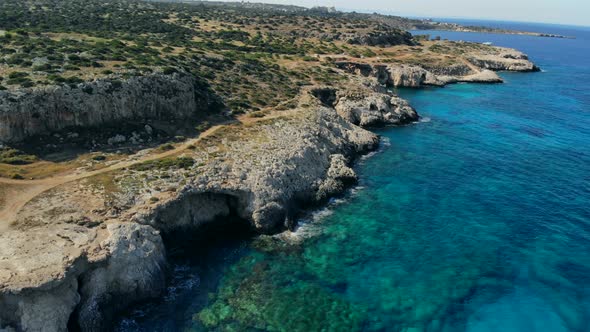 Aerial View Blue Lagoon Near Cape Cavo Greco on Sunny Day