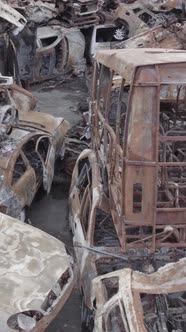 Vertical Video of a Dump of Destroyed Cars During the War in Ukraine