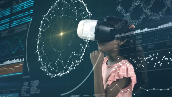 Girl using virtual reality headset and digital screen