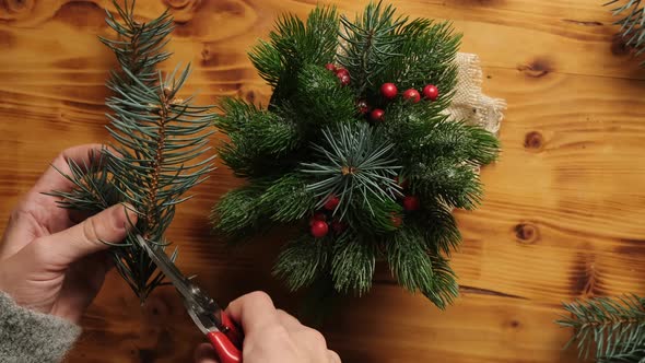 Female Hands Makes Christmas Ikebana