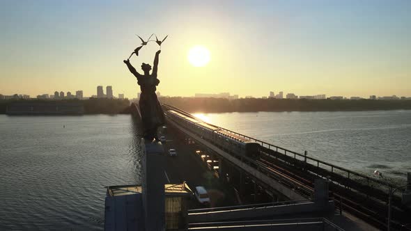 Metro Bridge in the Morning at Sunrise in Kyiv, Ukraine. Dnipro Station