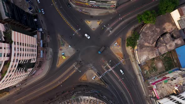 Aerial view of a busy roundabout in Dhaka downtown, Bangladesh.