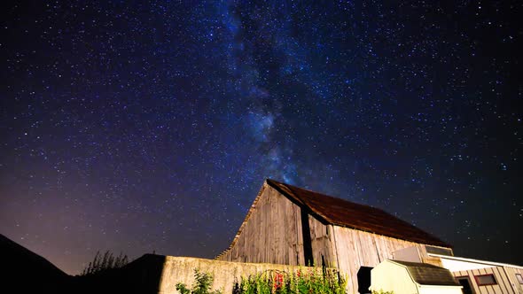 Milky Way Time Lapse Sliding Over Old Barn on Farm