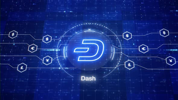 Dash animated logo. Dash cryptocurrency logo. Dash intro in digital world. Animation of Dash crypto alt