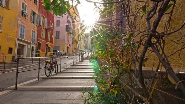 Nice, France. Gimbal Sunrise Shot of Street with Color Houses in Old Town of Nice, France. 