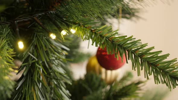 Close-up of sparkling fairy lights on tree branches 4K 2160p UHD footage - Yellow warm color Christm